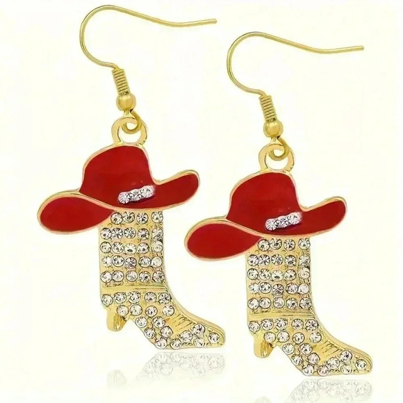 Cubic Zirconia Western Boot & Hat Earrings (Color: Golden Red) - Picture 1 of 1